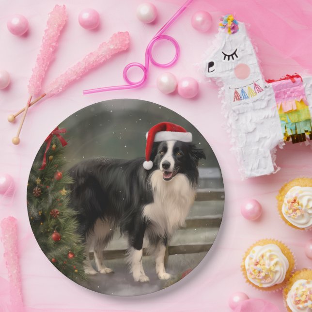 Prato De Papel Cachorro Border Collie na Neve Natal (Festa)