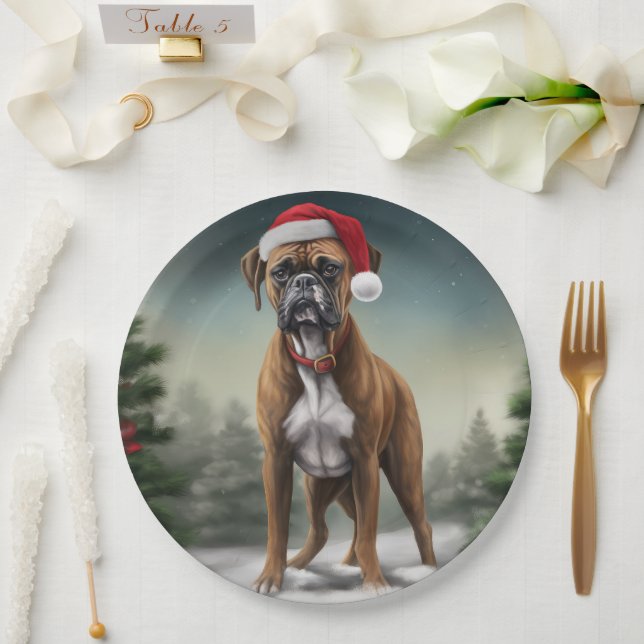 Prato De Papel Cachorro Boxer na Neve Natal  (Casamento)
