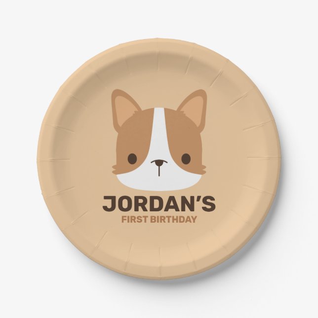 Prato De Papel Cachorro Corgi Fofo com Nome Personalizado (Frente)