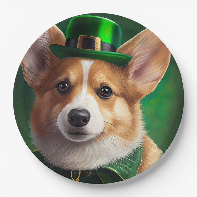 Prato De Papel Cachorro Corgi vestido para o Dia de São Patrício (Frente)