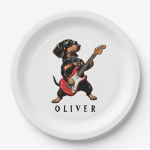 Prato De Papel Cachorro Dachshund Rocker Legal Tocando Guitarra E
