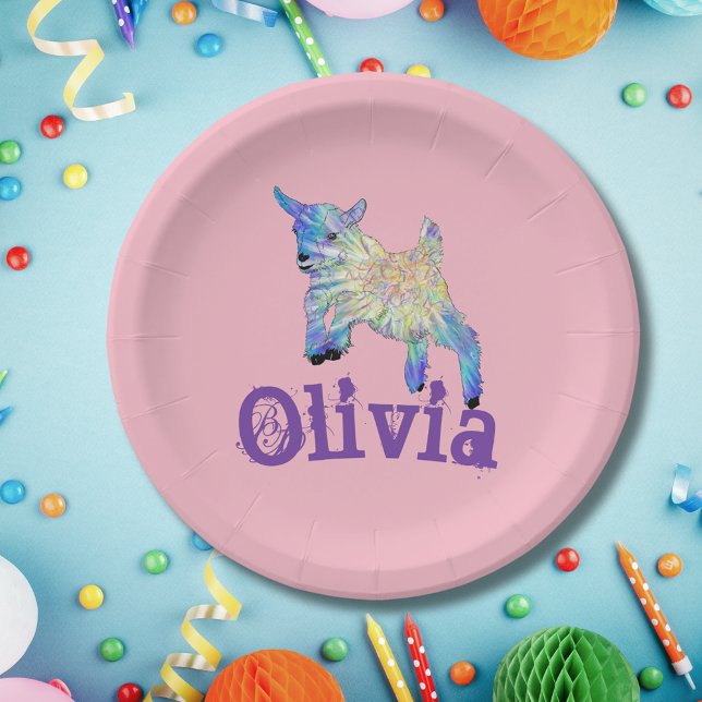 Prato De Papel Cachorro de Capim Bonito Pulando Arte Animal Nome (Goat farm animal themed birthday party personalized pink paper plate cute jumping baby goat art)