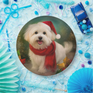 Prato De Papel Cachorro de Coton de Tulear no Natal da Neve