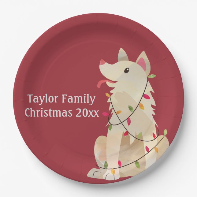 Prato De Papel Cachorro de Natal Enroscado Personalizável (Frente)