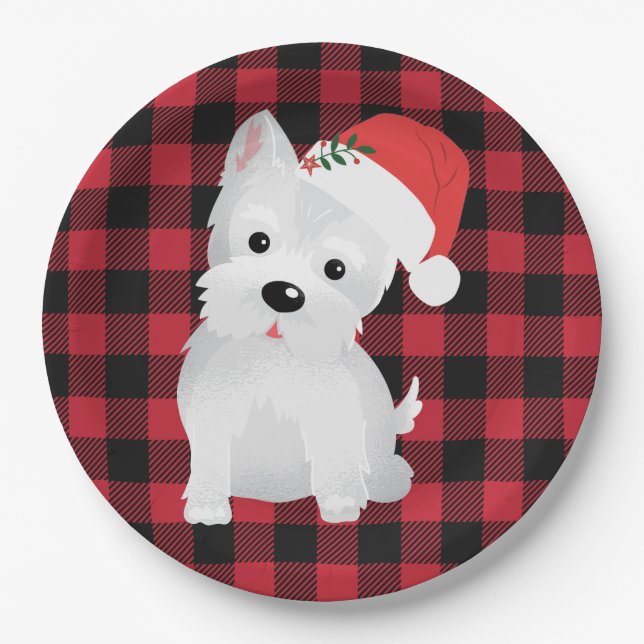 Prato De Papel Cachorro de West Highland com Xadrez de Santa Hat  (Frente)