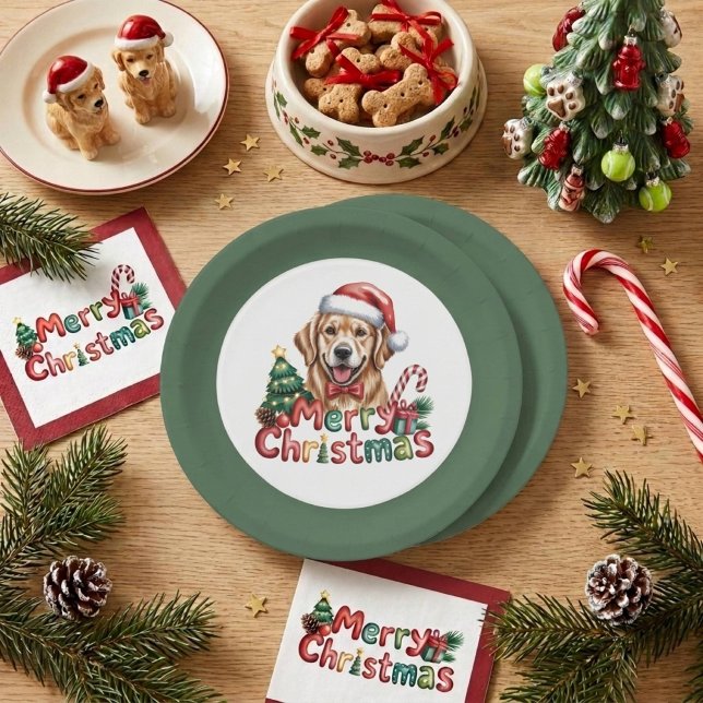 Prato De Papel Cachorro fofo do Retriever Dourado no Natal (Criador carregado)