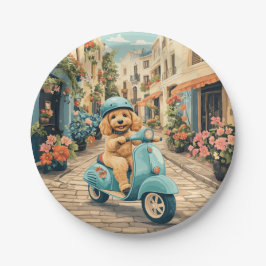 Prato De Papel Cachorro Goldendoodle andando de scooter pelas rua