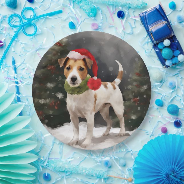 Prato De Papel Cachorro Jack Russell na Neve Natal (Festa)