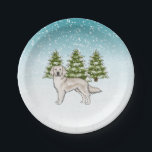 Prato De Papel Cachorro Ouro de conserva Blue Winter Christmas<br><div class="desc">A ilustração original do desenho animado de Destei de um cão da raça Retriever, Ouro de cor de creme em inglês. O cachorro é colocado numa cena fria de inverno. No local, está nevando ao fundo e há três pés verdes atrás do cão. As árvores têm neve neles. O fundo...</div>