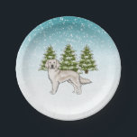 Prato De Papel Cachorro Ouro de conserva Blue Winter Christmas<br><div class="desc">A ilustração original do desenho animado de Destei de um cão da raça Retriever, Ouro de cor de creme em inglês. O cachorro é colocado numa cena fria de inverno. No local, está nevando ao fundo e há três pés verdes atrás do cão. As árvores têm neve neles. O fundo...</div>