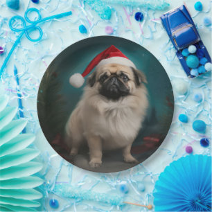 Prato De Papel Cachorro Pekingês no Natal da Neve