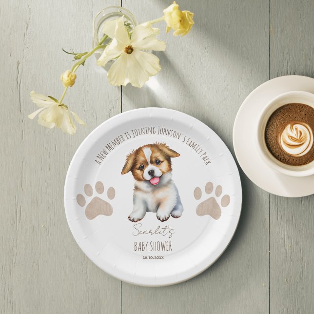 Prato De Papel Cachorro-peluche, chá de bebê (Puppy dog themed baby shower personalized table decor monogrammed paper plates cute puppy plates)