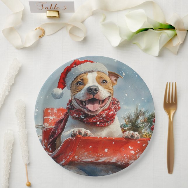 Prato De Papel Cachorro Pitbull em Trenó Deixe Nevar Natal (Casamento)