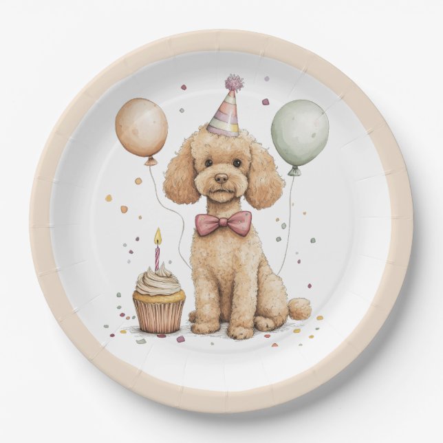 Prato De Papel Cachorro Poodle Padrão de Aniversário (Frente)