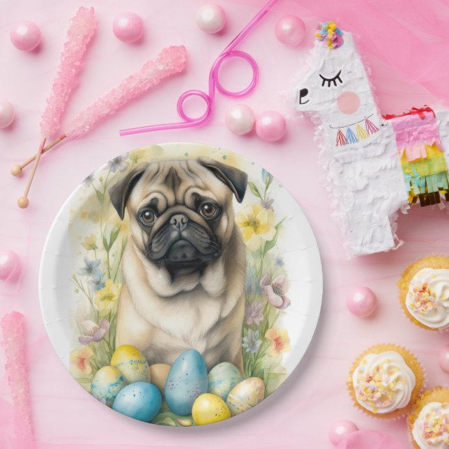 Prato De Papel Cachorro Pug com Ovos de Páscoa Feriado  (Festa)