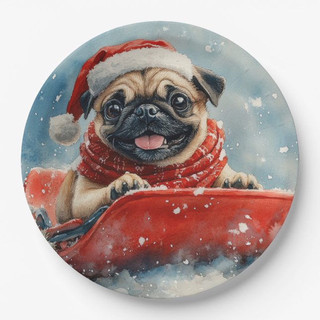 Prato De Papel Cachorro Pug em Trenó Deixe Nevar Natal (Frente)