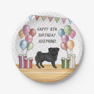 Prato De Papel Cachorro Pug Preto Colorido Pastéis Feliz Aniversá
