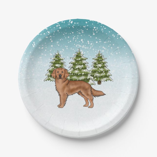 Prato De Papel Cachorro Retriever Dourado Vermelho Natal Inverno  (Frente)