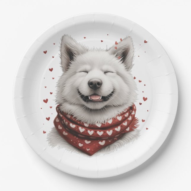 Prato De Papel Cachorro Samoyed no Dia dos Namorados (Frente)