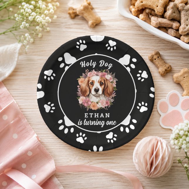 Prato De Papel Cachorro Santo, Eu Sou Um | Aniversário de 1 Ano d (Holy Dog, I'm One | Dog Girl 1st Birthday Paper Plates)