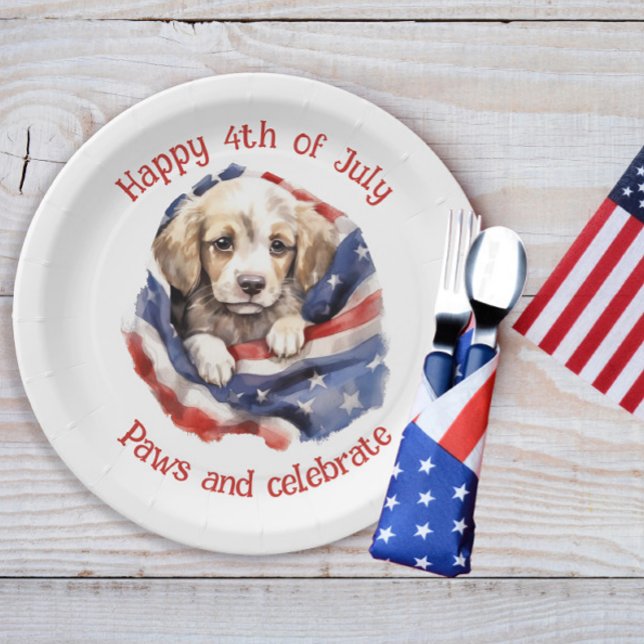 Prato De Papel Cachorro Vermelho Branco Branco Azul Bandeira Amer (American flag and cute puppy 4th of July paper plates)