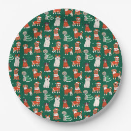 Prato De Papel Cachorros de Natal Verdes Feriados Puppy Padrão