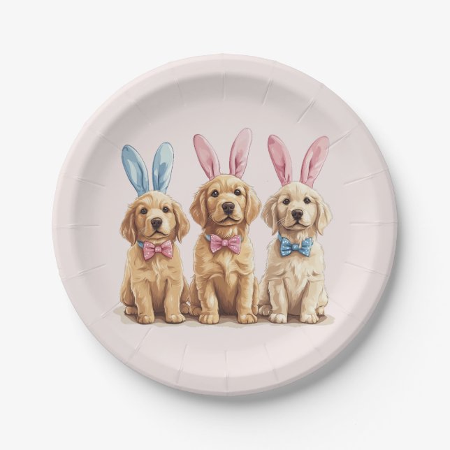 Prato De Papel Cachorros páscoas De Retriever Cães Coelhinhos (Frente)