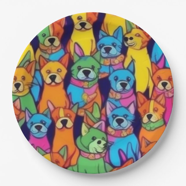 Prato De Papel Cães bonitos e coloridos cães felizes (Frente)