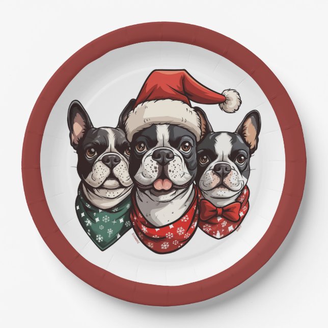 Prato De Papel Cães de Natal em Boston Terrier (Frente)