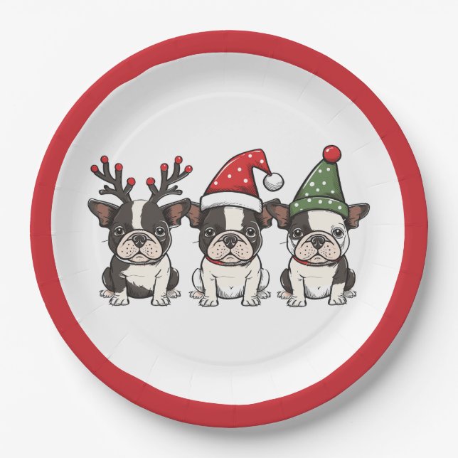 Prato De Papel Cães de Natal em Boston Terrier (Frente)