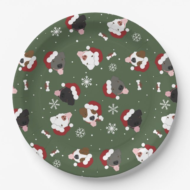 Prato De Papel Cães de Papai Noel no Verde (Frente)