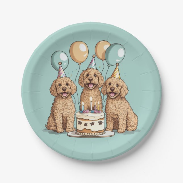 Prato De Papel Cães Goldendoodle de Aniversário (Frente)