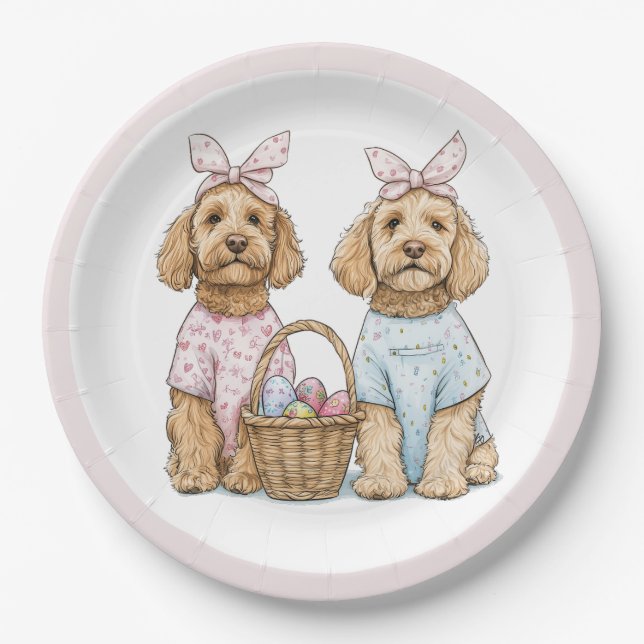 Prato De Papel Cães Goldendoodle de Páscoa (Frente)