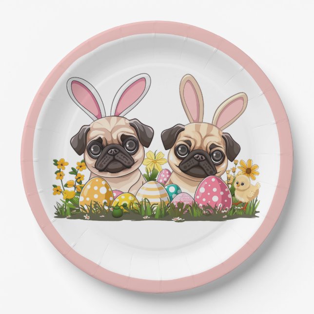 Prato De Papel Cães Pug de Páscoa com Orelhas de Coelho (Frente)