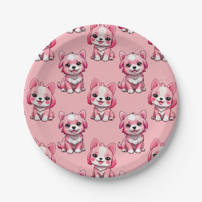 Prato De Papel Cães Rosa Fofos (Frente)