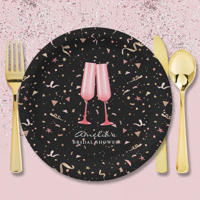 Prato De Papel Café da Manhã e Brunch de Cásamento Bubbly Preto (Brunch and bubbly pink champagne glasses bridal shower black paper plates)