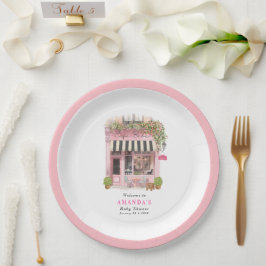 Prato De Papel Café Parisiense Bonjour Bebe Laço Rosa Baby Shower