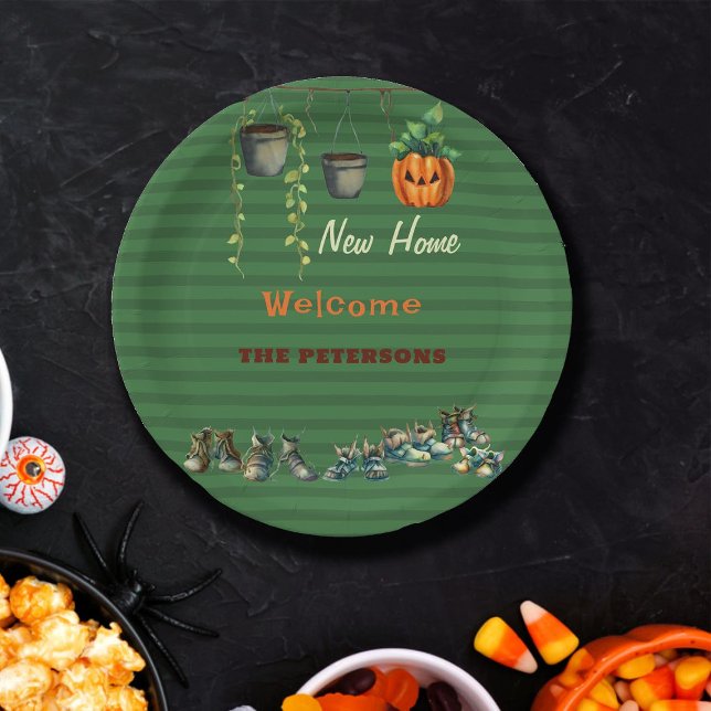 Prato De Papel Calçados de Gremlin do Partido do Aquecimento Fami (fun halloween personalized plate welcome housewarming party green gremlin shoes plants funny cute)