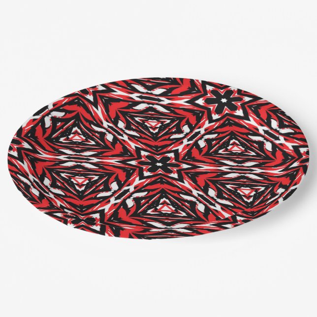 Prato De Papel Caleidoscópio Negro, Branco e Vermelho (Inclinado)
