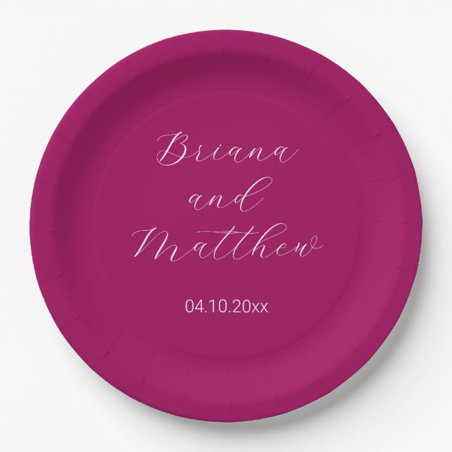 Prato De Papel Caligrafia Magra Casamento Magenta com Script Mini (Frente)
