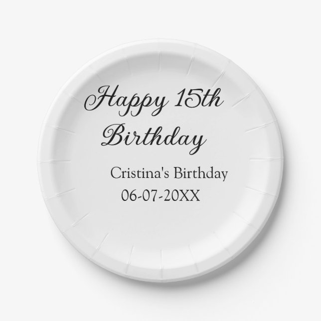 Prato De Papel caligrafia simples e feliz aniversário de 15 (Frente)