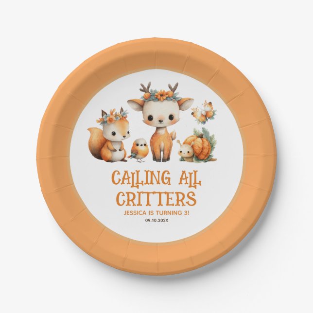 Prato De Papel Calling All Critters Woodland Fall Kids' Birthday  (Frente)