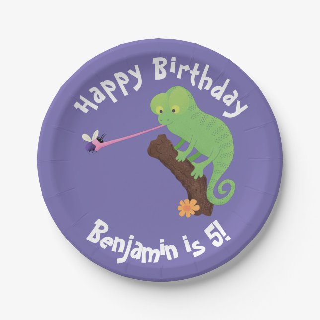 Prato De Papel Camaleão bonito pegando um desenho de inseto (Frente)