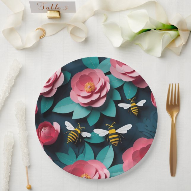 Prato De Papel Camellias Rosa Cortadas De Papel E Abelhas Marinho (Casamento)