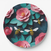 Camellias Rosa Cortadas De Papel E Abelhas Marinho