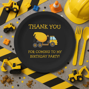 Prato De Papel Caminhão de Cimento Preto Amarelo Aniversário Infa