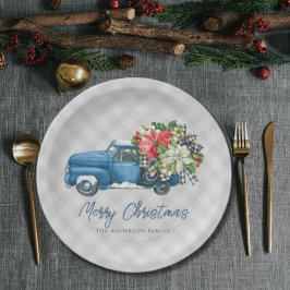 Prato De Papel Caminhão de Natal Azul Vintage Xadrez Fazenda Cinz