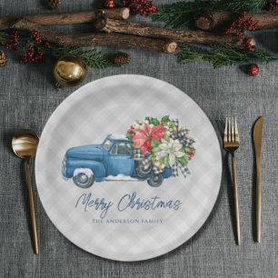 Prato De Papel Caminhão de Natal Azul Vintage Xadrez Fazenda Cinz
