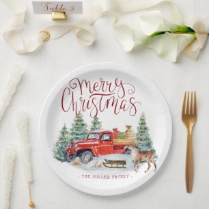 Prato De Papel Caminhão Vermelho Vintage   Natal Personalizado Fa