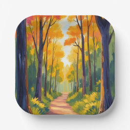 Prato De Papel Caminho da Floresta de Outono | Aquarela de Folhag